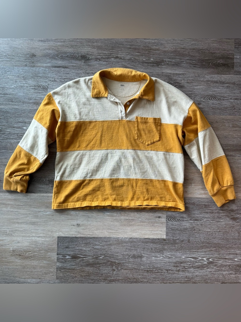 Madewell MWL Rugby Polo Mustard Cream Striped Long Sleeve S Retro Preppy